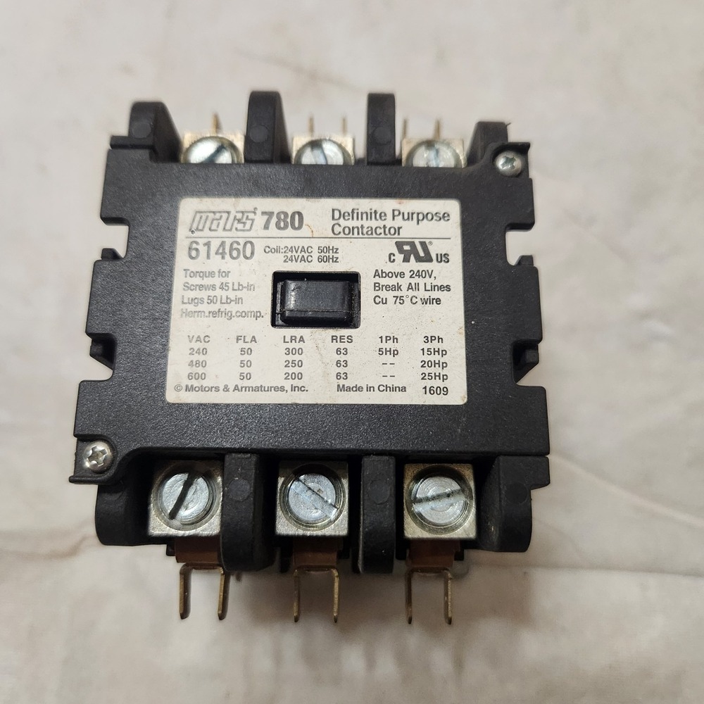 Mars 780 61460 Definite Purpose Contactor 50A 600 Volt 3 Pole Coil 24VAC 50/60Hz